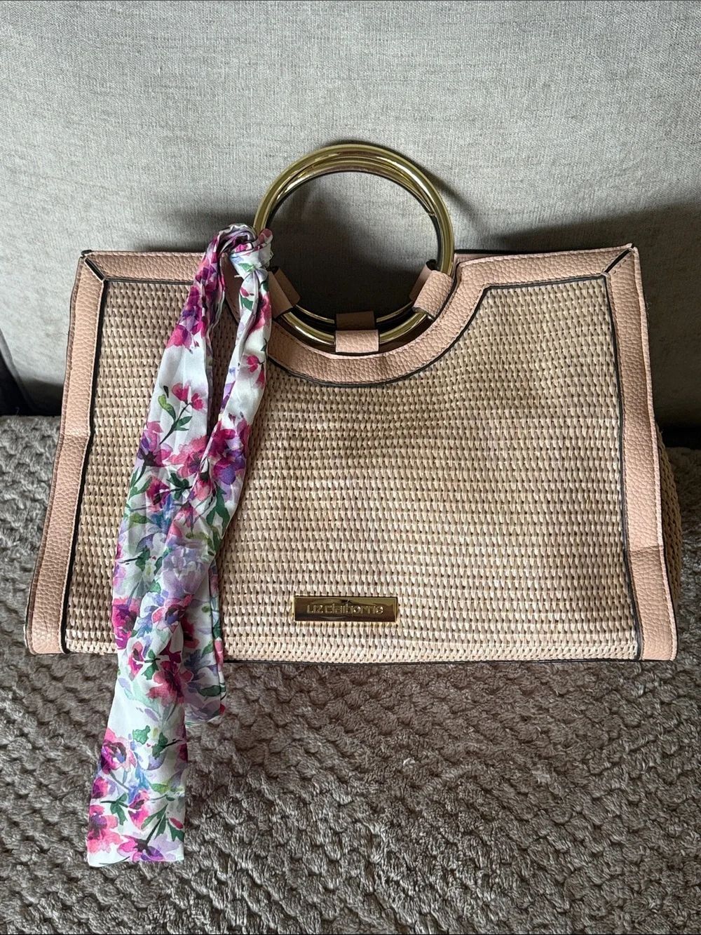 Liz Claiborne Pink Straw Tote with Gold Ring Handles!